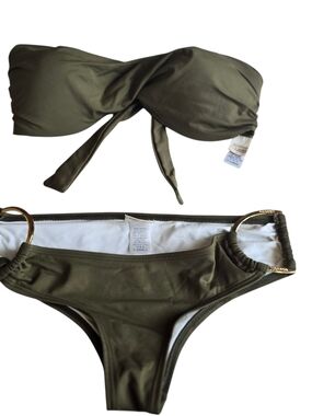 l*space Olive Green Bandeau Bikini with Gold Rings